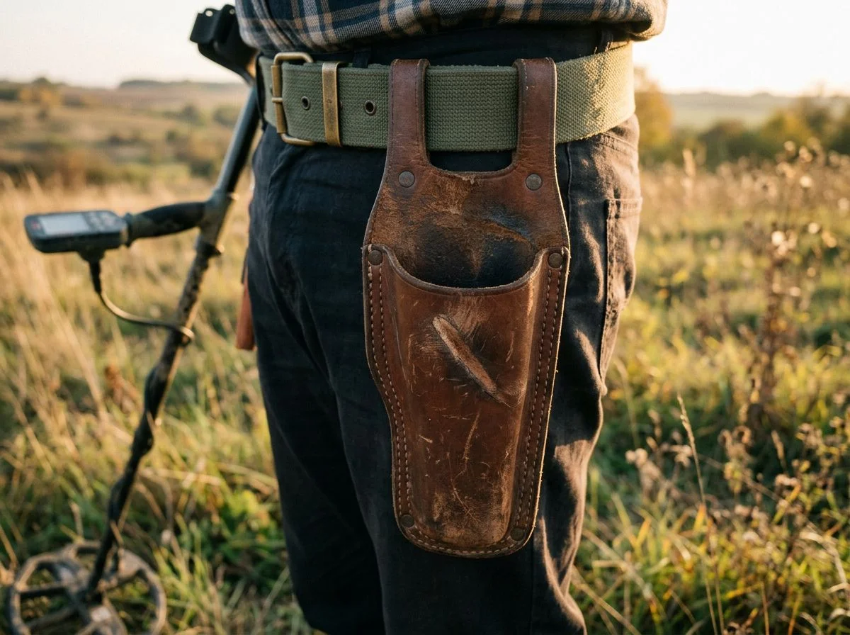Empty leather pinpointer holster hanging on a belt in a grassy field, symbolizing a lost pinpointer