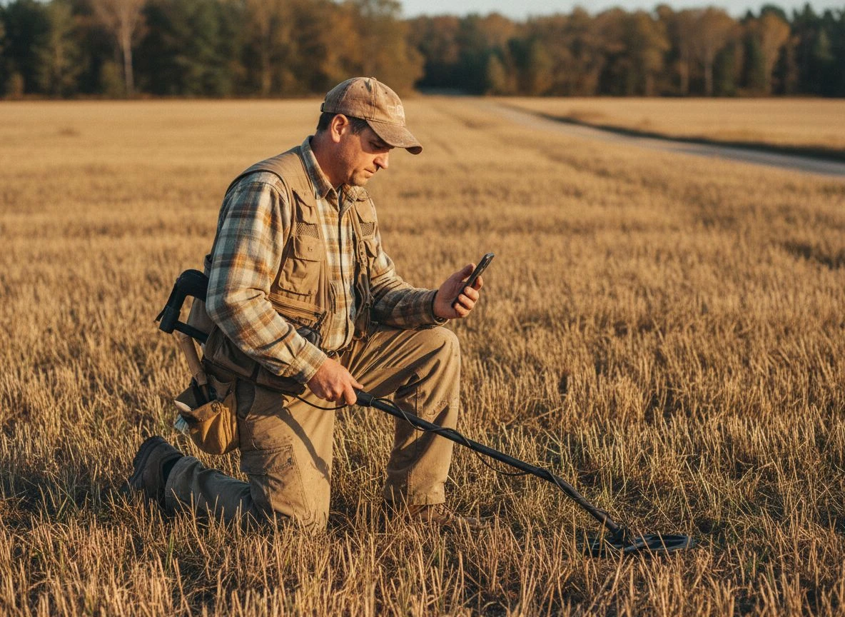 Metal detectorist kneeling in a field checking his phone for land status and rules before detecting