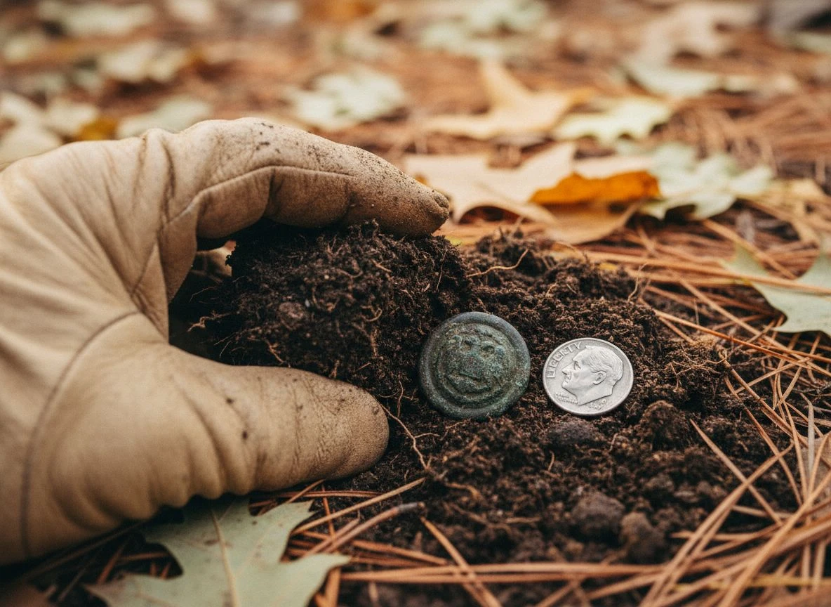 Metal detectorist's gloved hand holding open a soil plug with a dark patinated button and a dime for scale