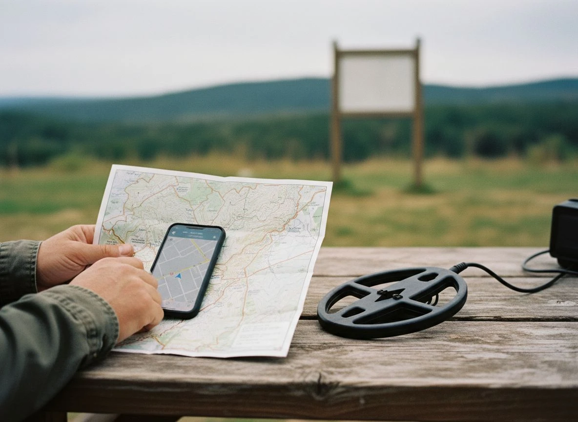 Metal detectorist's hands holding a map and smartphone showing GPS land boundaries at a picnic table