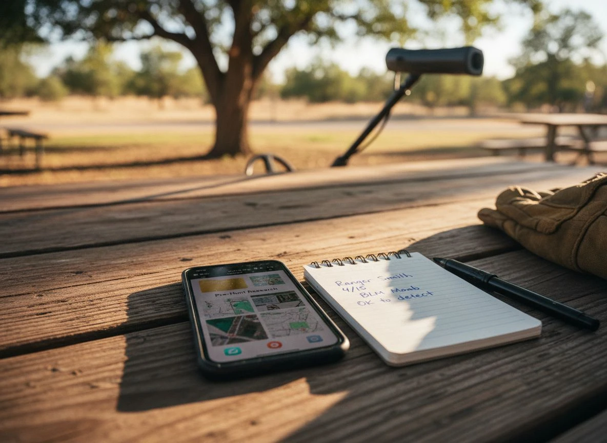 Smartphone showing a folder of pre-hunt research screenshots next to a notebook with ranger permission notes