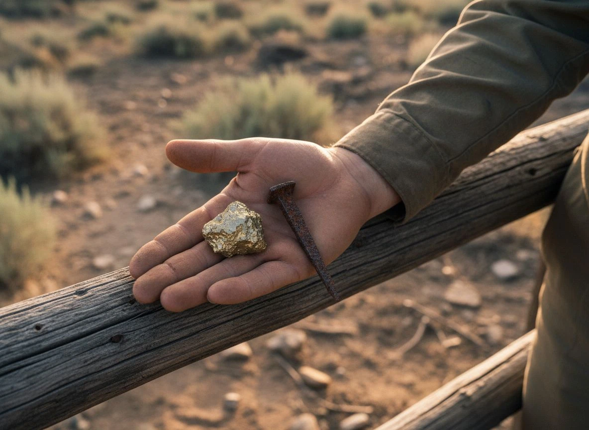 Hand holding a small gold nugget and a rusty square nail on a weathered fence rail
