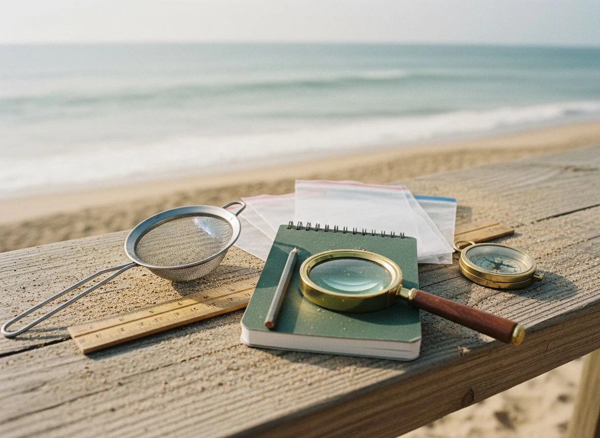 Essential beach archaeology gear including sifter, ruler, notebook, and magnifying glass on a wooden plank.