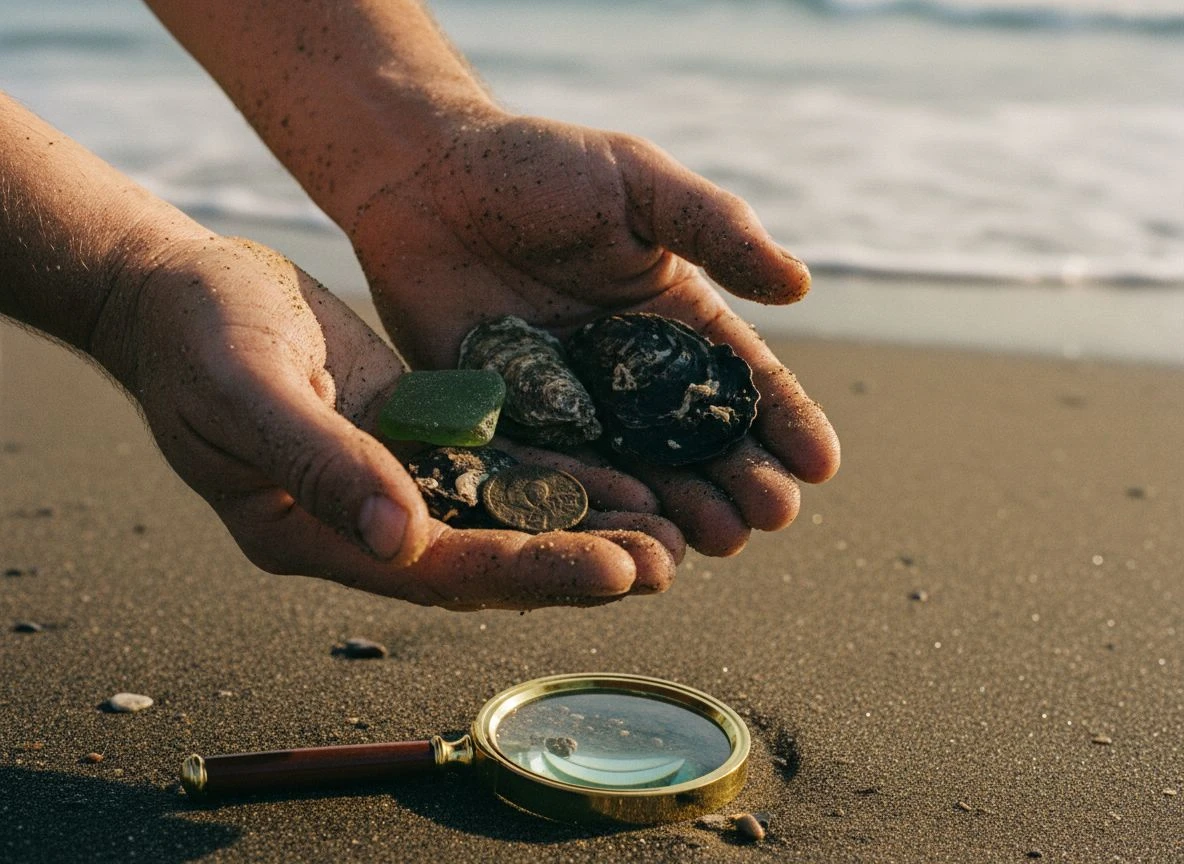 Close-up of hands holding beach relics like sea glass and shells for examination with a magnifying glass.