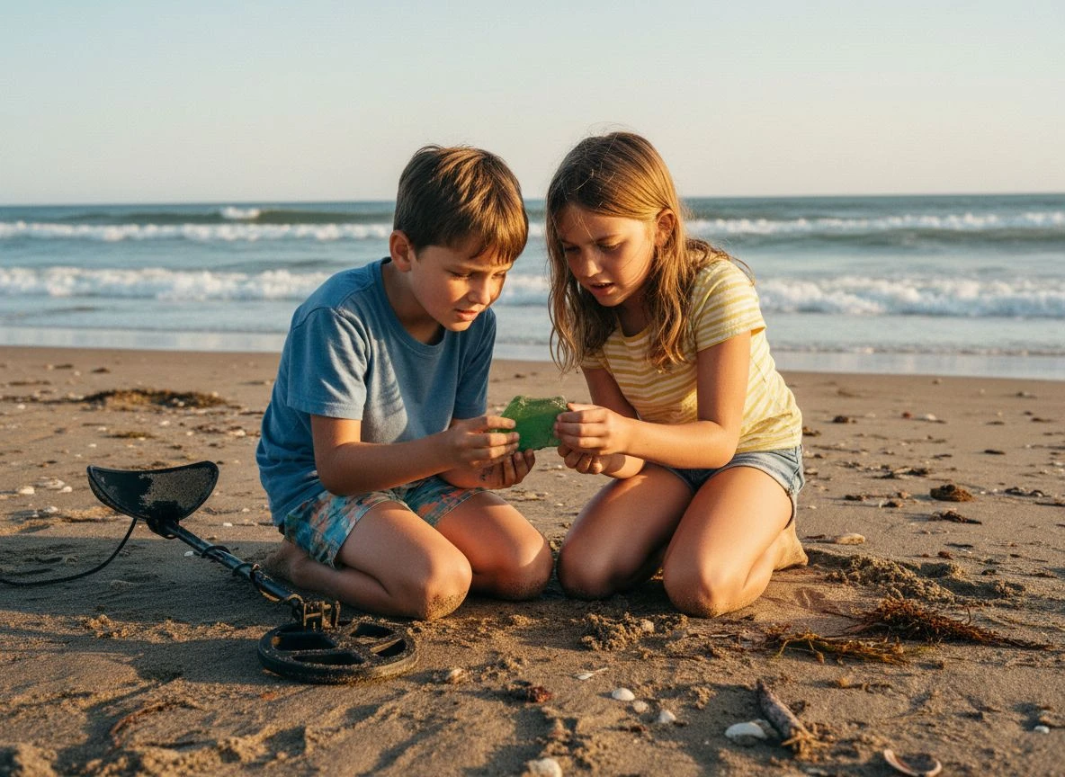 Two kids on a beach examining a piece of green sea glass with a metal detector nearby during golden hour.
