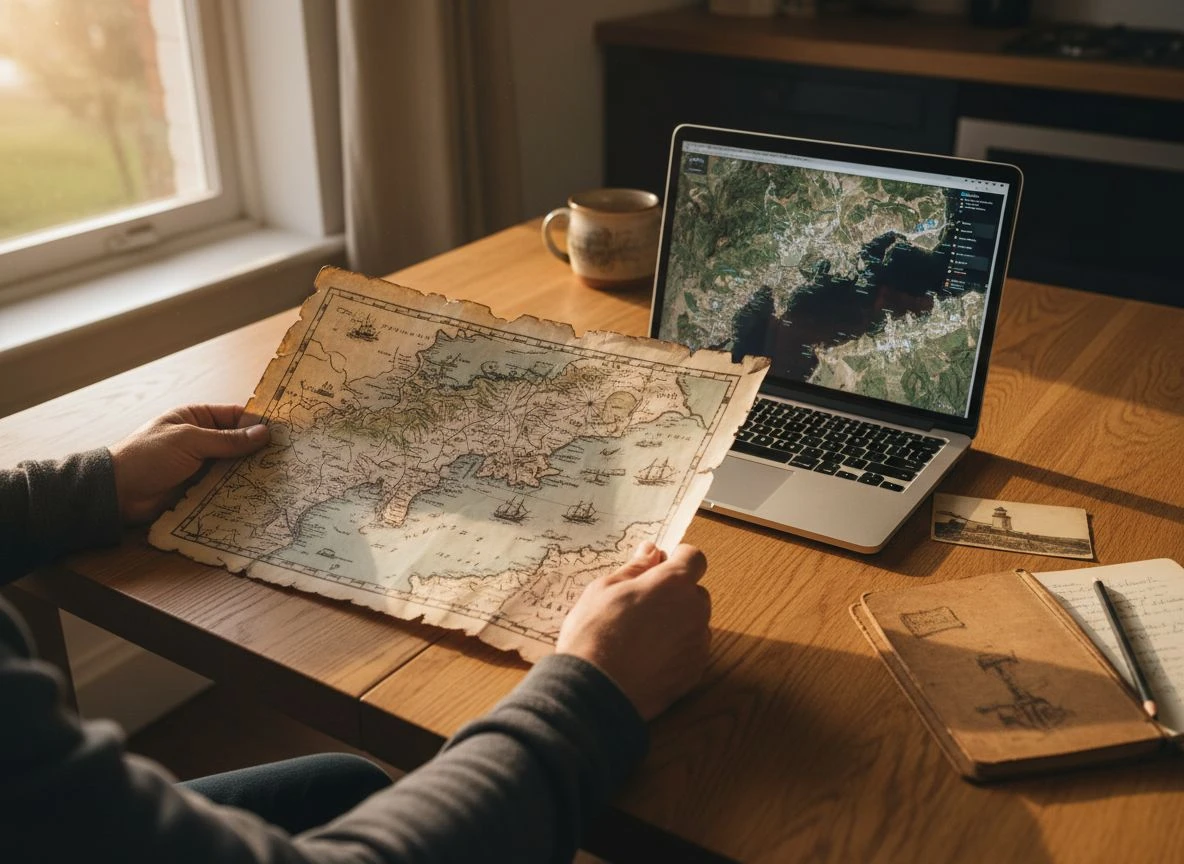 Hands holding a historical beach map next to a laptop with satellite imagery for research on a wooden table.