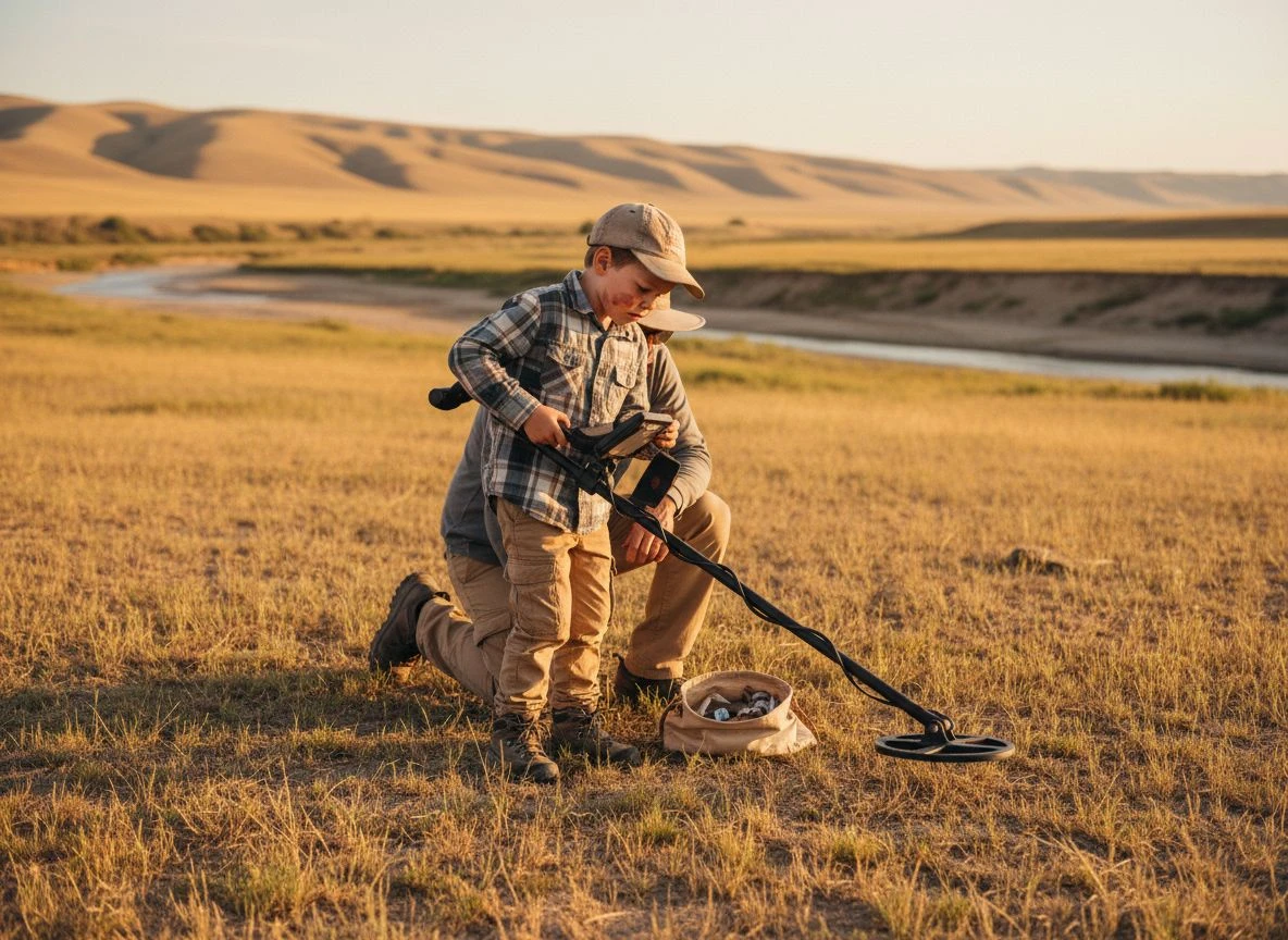 A child and parent metal detecting together in a golden field during late afternoon, focused on the hunt.