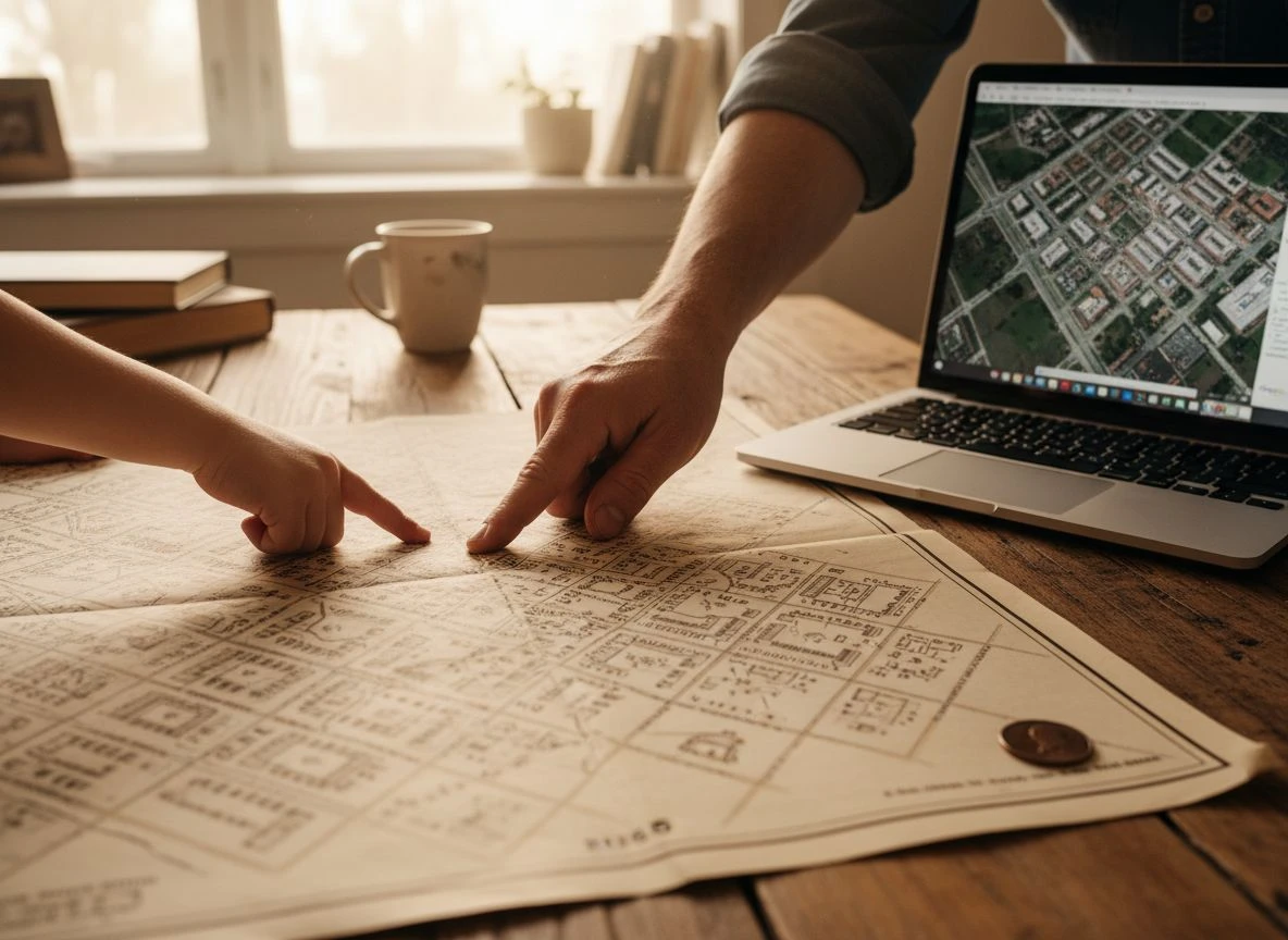 A child and parent studying an old Sanborn map alongside a modern satellite image on a laptop, planning a metal detecting adventure.