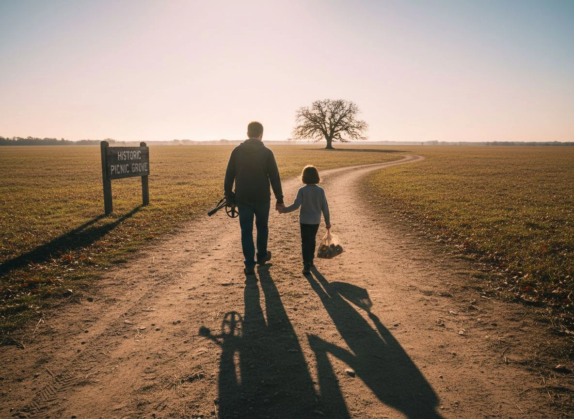 A parent and child walking away from a metal detecting site at sunset, carrying their gear and a bag of collected litter.