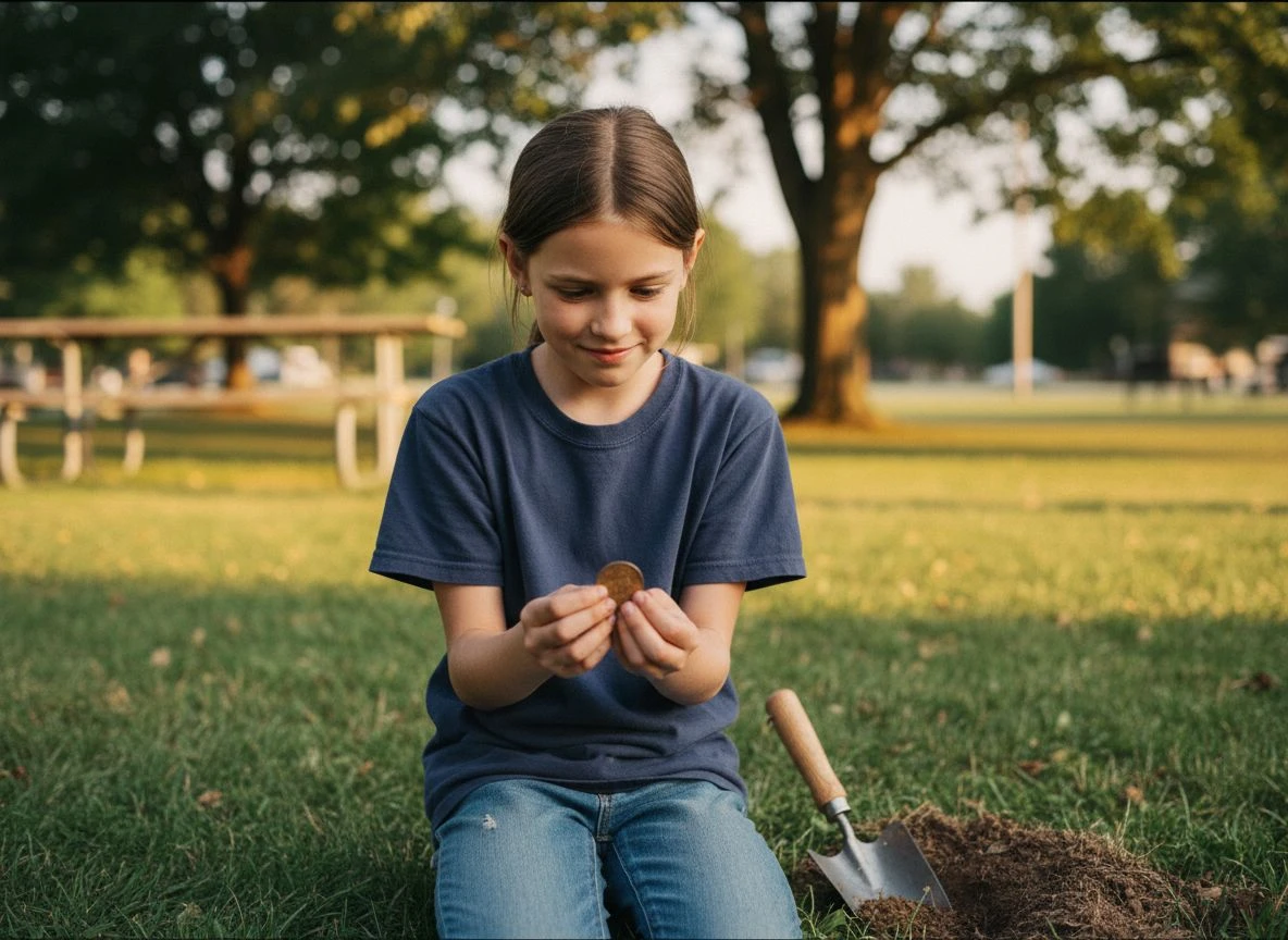Young girl kneeling on grass holding a dirty wheat penny in her cupped hands, genuine wonder expression, golden hour light