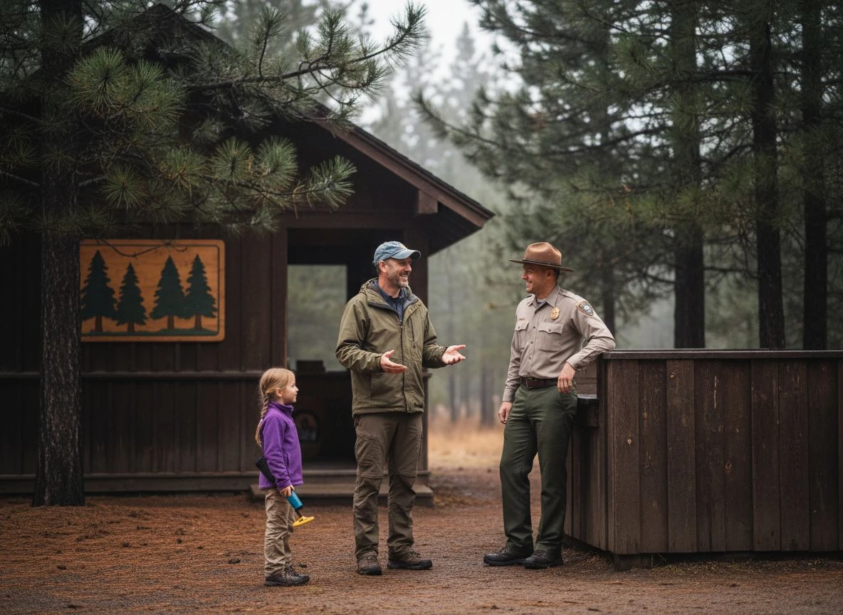 Father in baseball cap talking with a park ranger at a wooden ranger station, young daughter with metal detector nearby