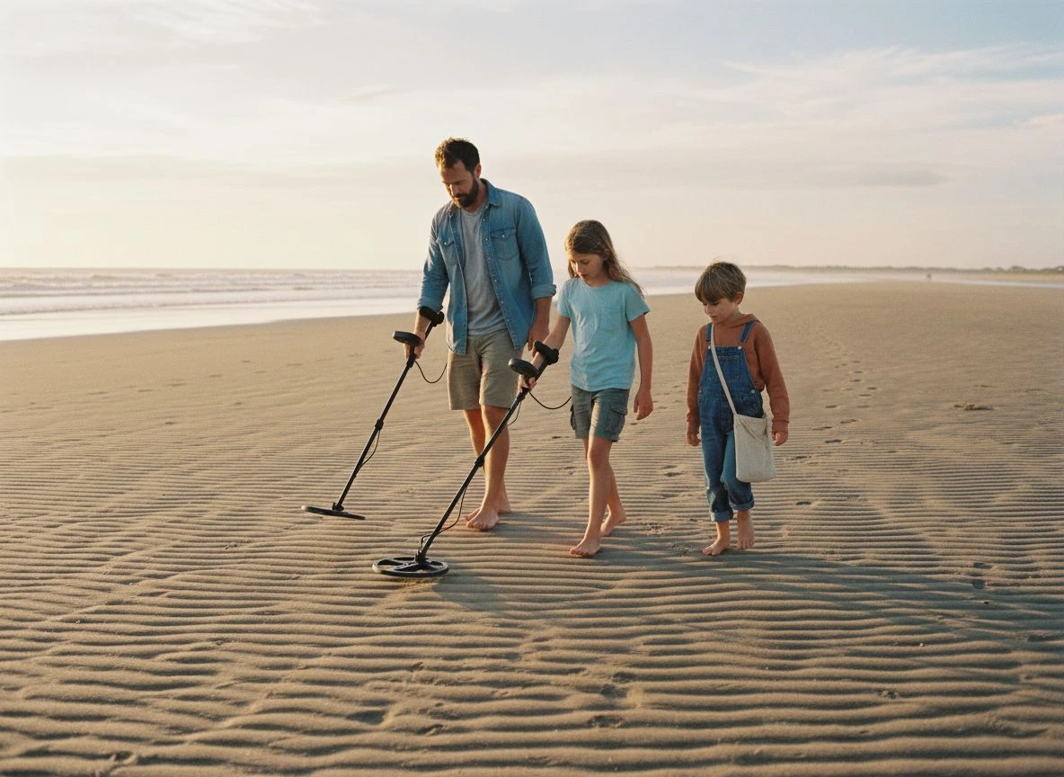 Father and two children metal detecting on a sunrise beach, warm golden light, candid action shot