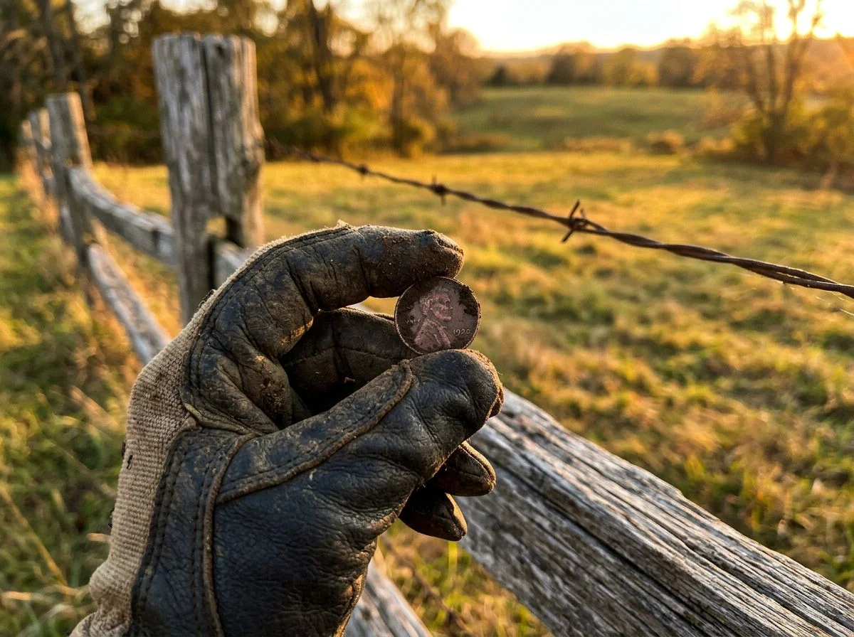 Hand holding a vintage wheat penny found while metal detecting along an old fence line