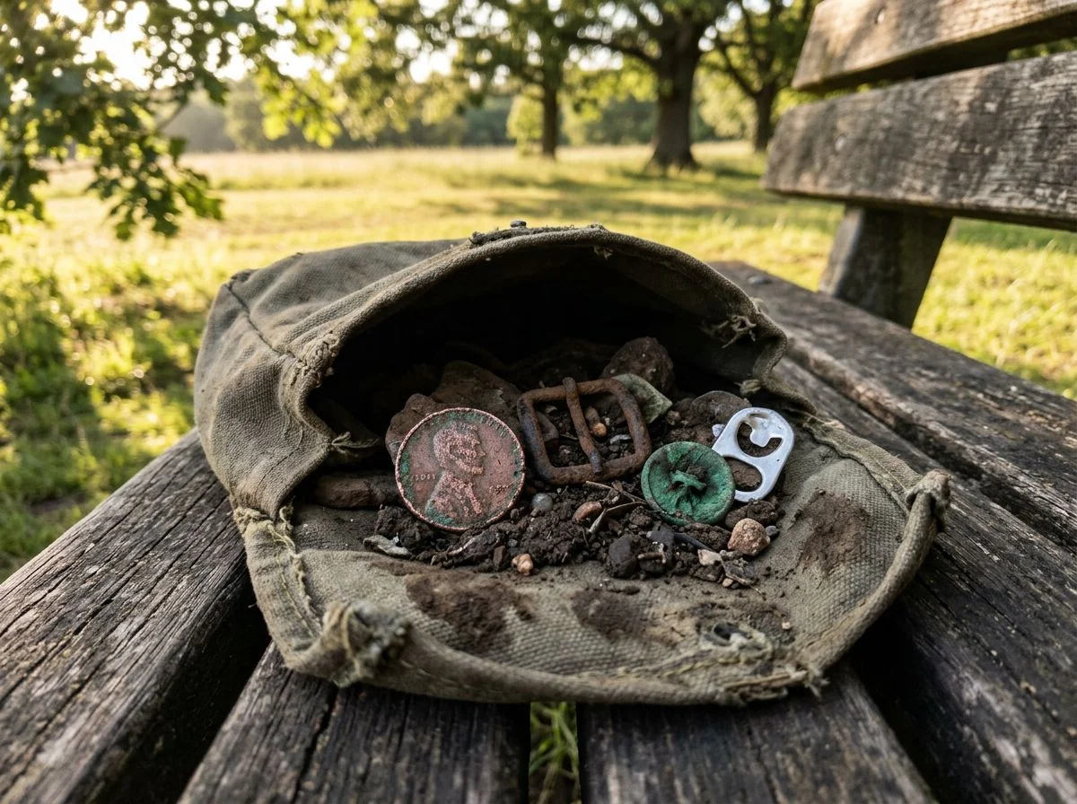 A canvas finds pouch holding corroded relics jumbled together with dirt and a pull tab on a wooden bench.