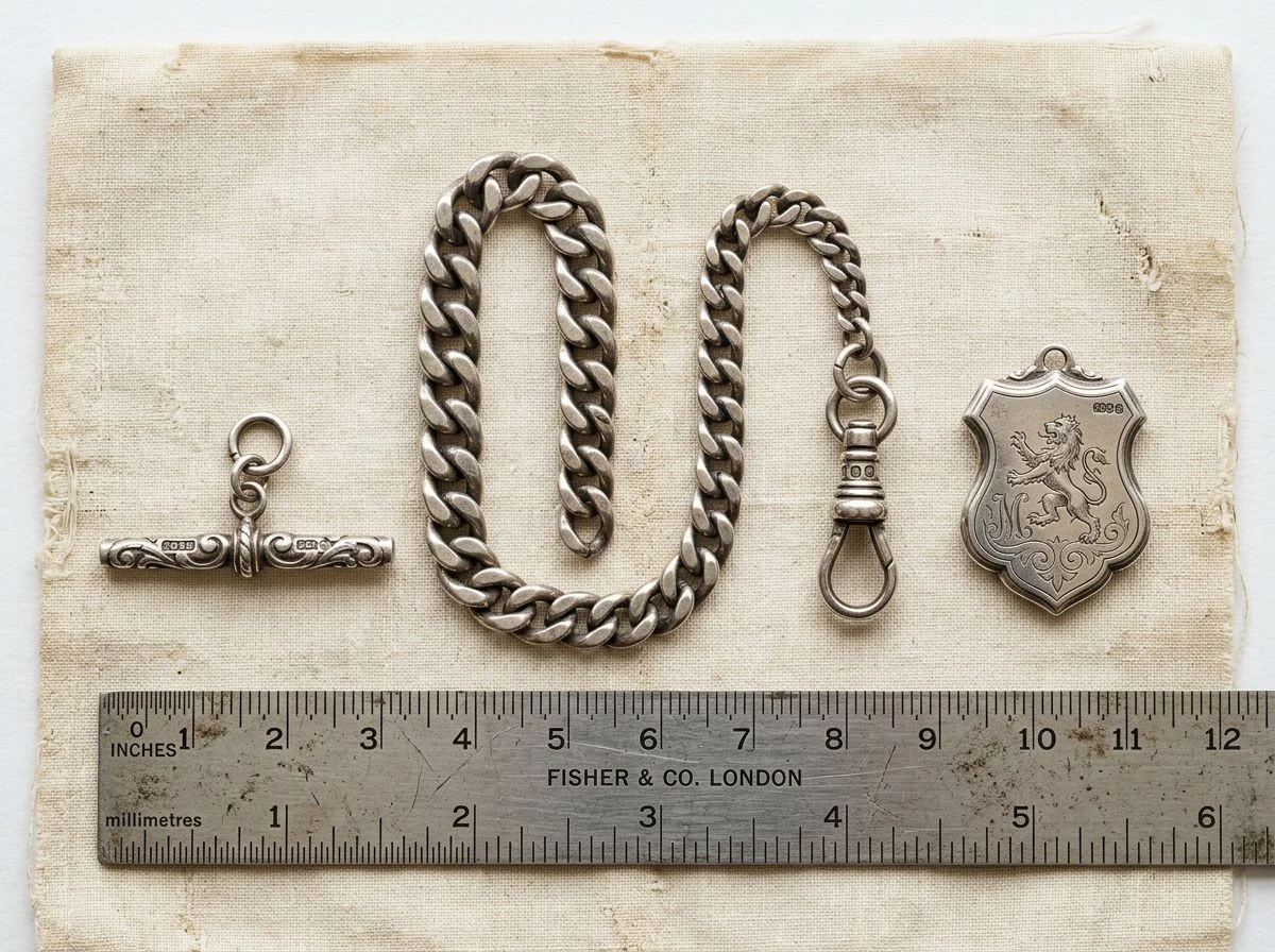 Overhead view of a Victorian fob chain with T-bar, clasp, and ornament separated on aged linen with a ruler for scale