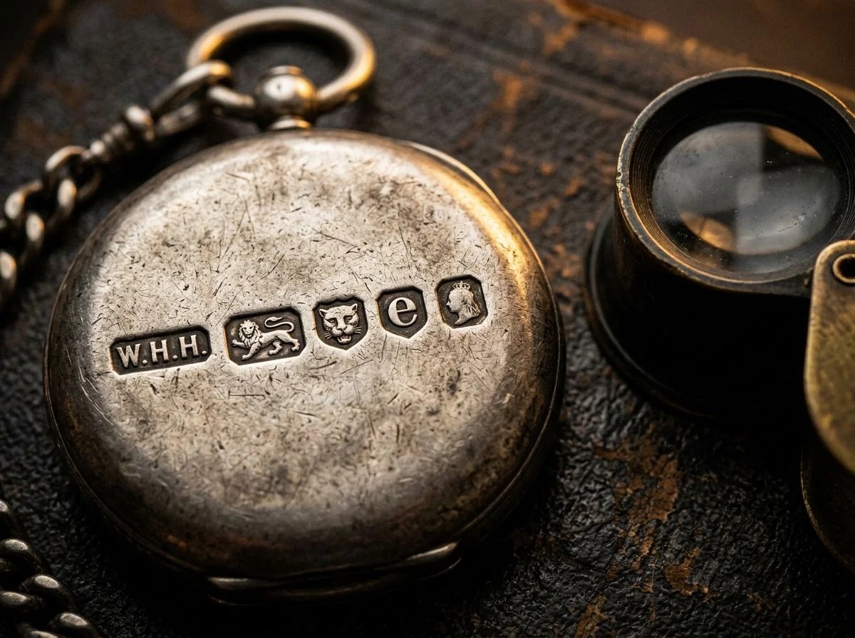Macro view of English silver hallmarks on the back of a pocket watch fob with a jeweler's loupe nearby