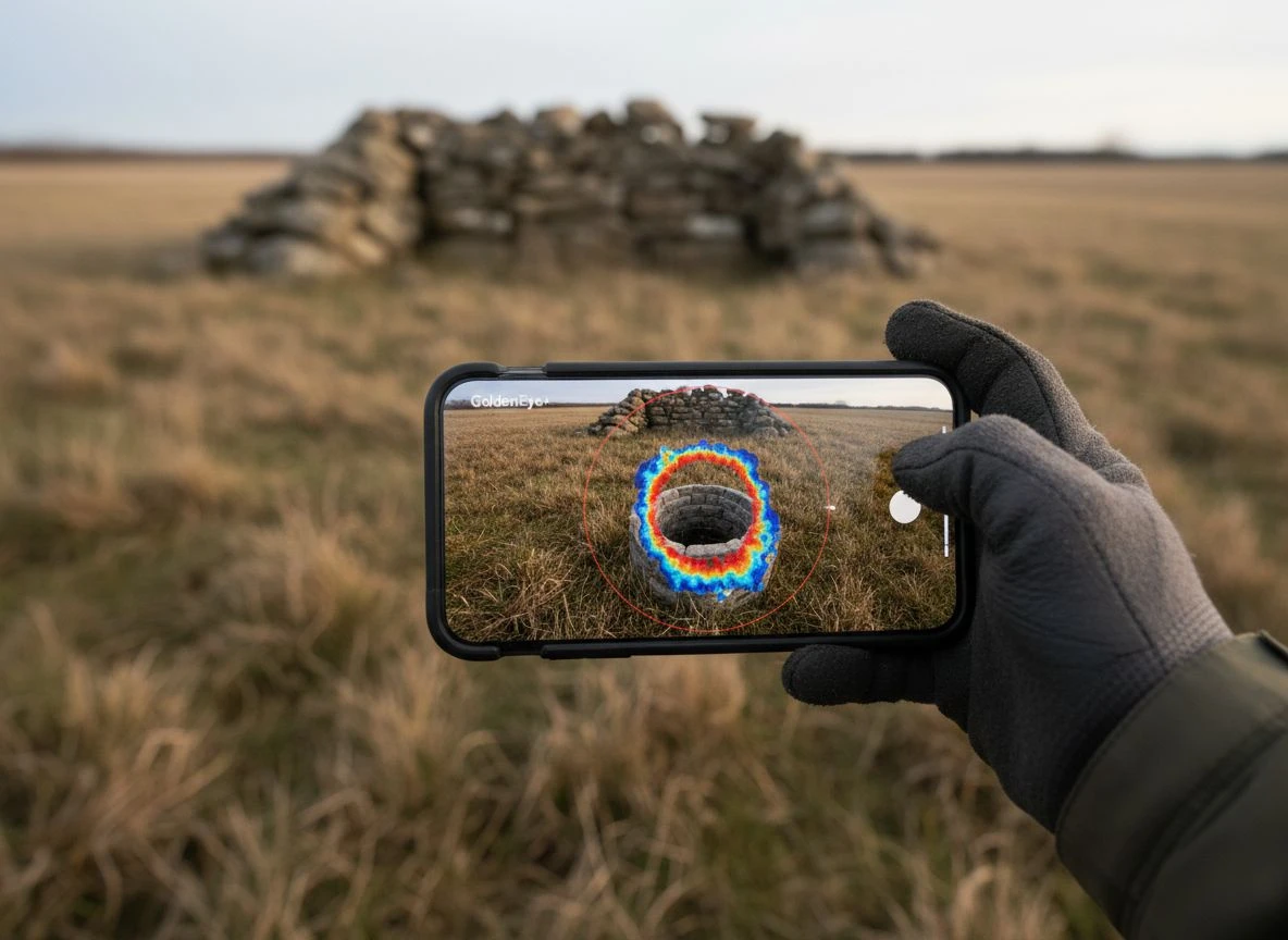 Gloved hand holding a smartphone showing a 3D augmented reality scan of a buried well shaft in a farm field