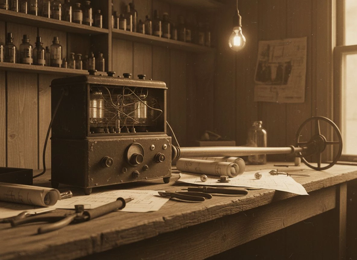 Early 1930s vacuum-tube metal detector on a workbench surrounded by vintage tools and schematics