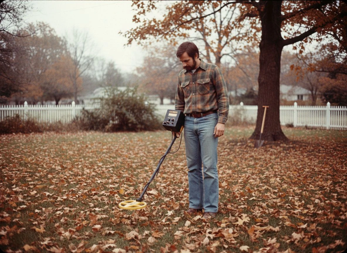 Man in 1970s clothing using a Garrett BFO metal detector in a leaf-strewn backyard