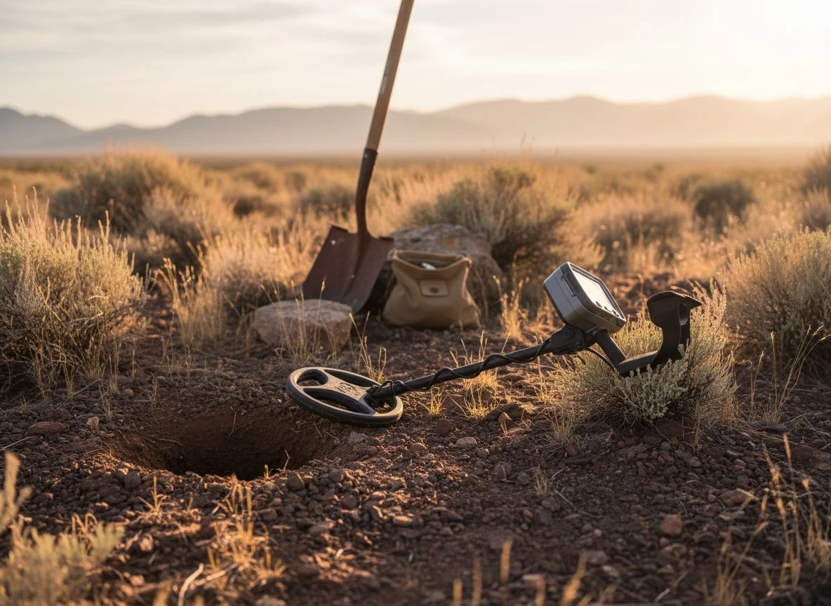 Minelab Equinox 800 multi-frequency detector lying on dry soil next to a dig hole with shovel and finds pouch