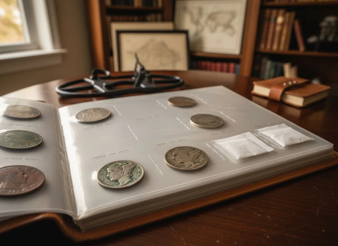 An archival coin album open on a wood table, displaying preserved coins in Mylar flips with silica gel packets.