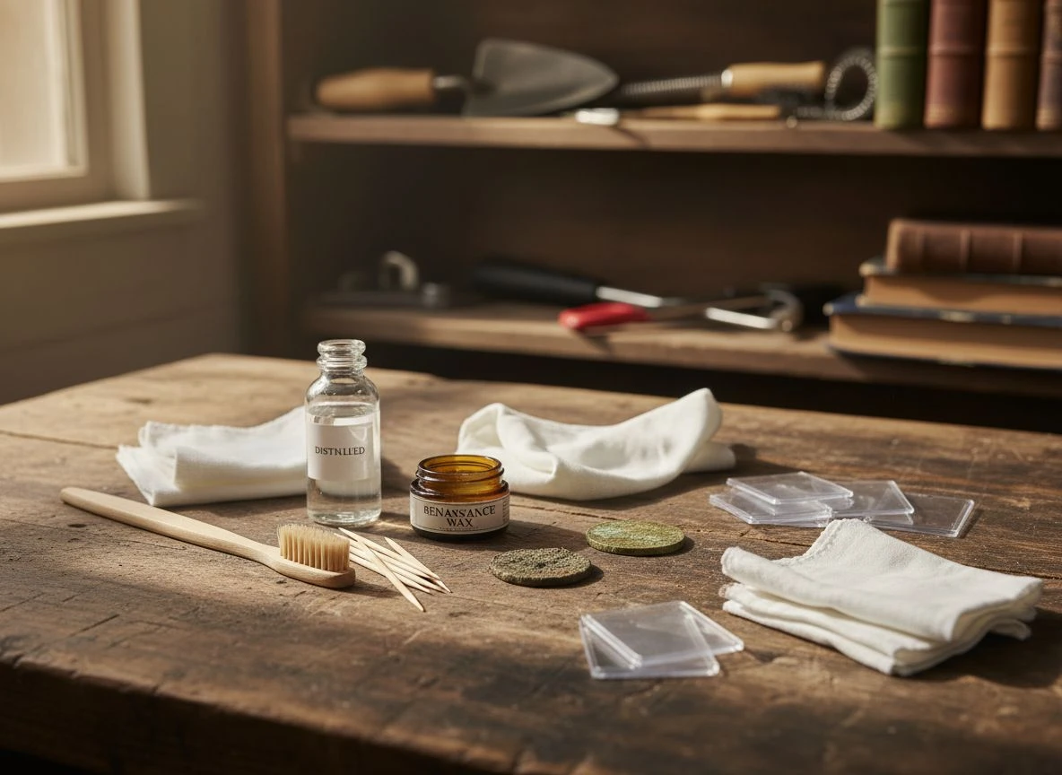 A collection of gentle coin cleaning tools on a weathered wood table, including soft brushes, distilled water, and wax.