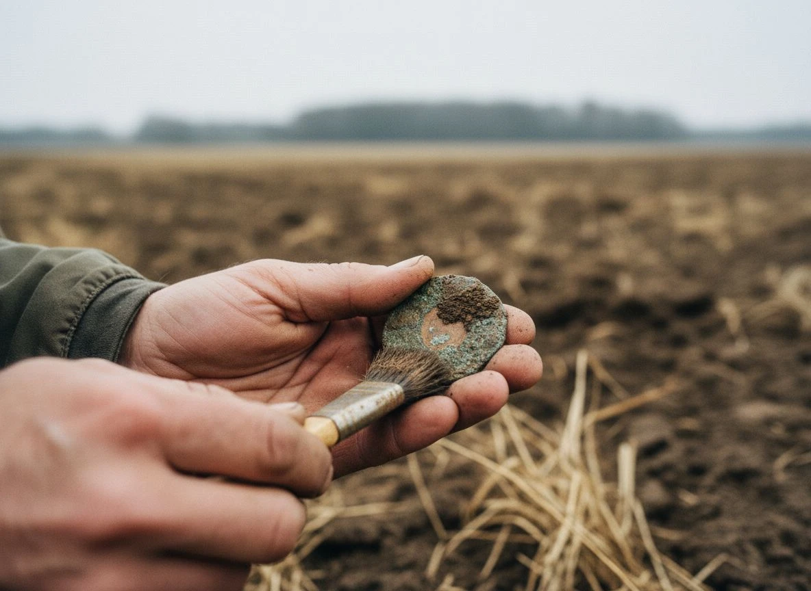 A detectorist's dirty hands carefully brushing soil off a crusty, recently unearthed coin in a plowed field.