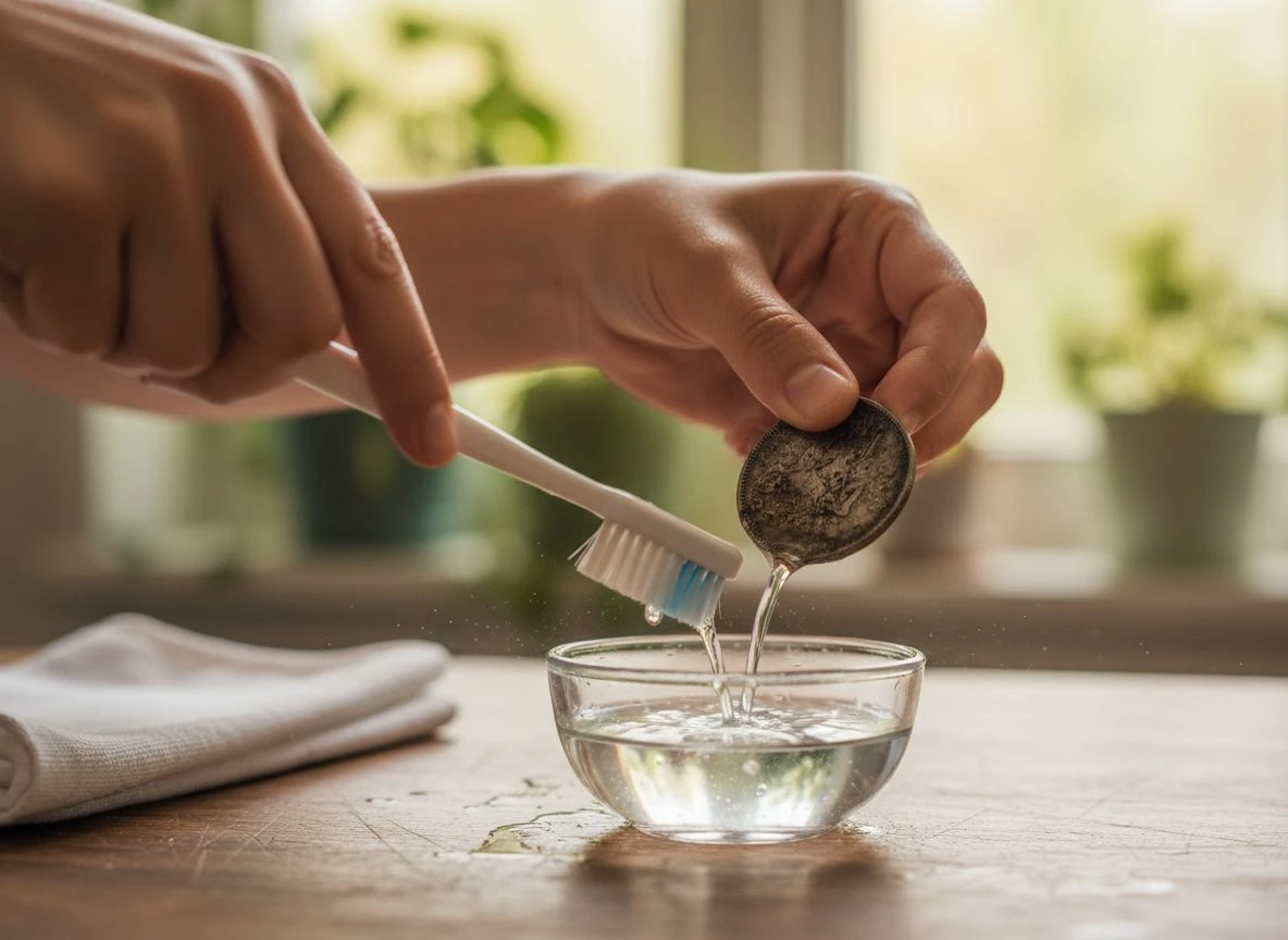 Close-up of hands gently scrubbing a tarnished silver coin with a soft brush under distilled water.