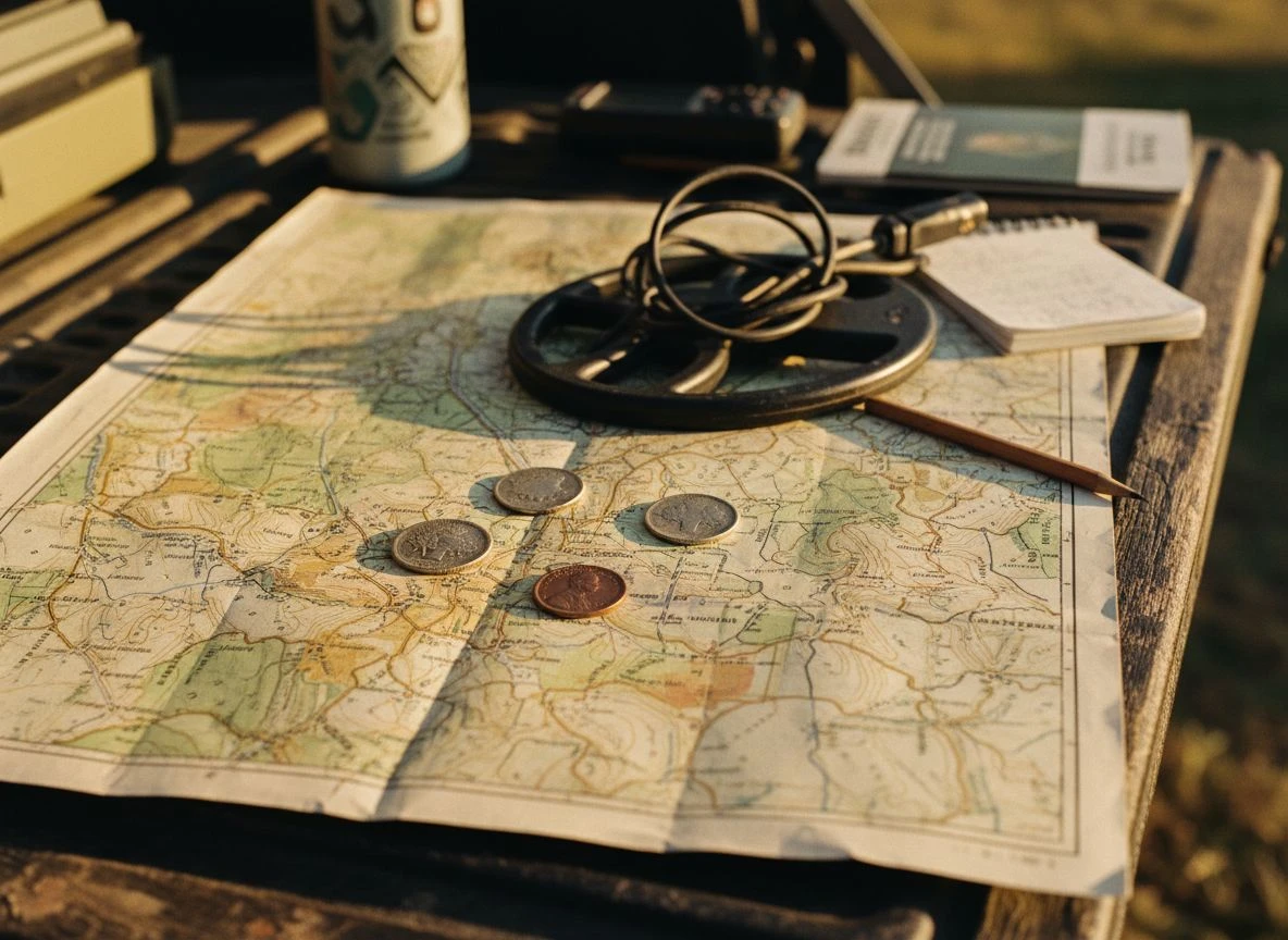 Old coins arranged on a historical map next to a metal detector coil, linking finds to historical research.