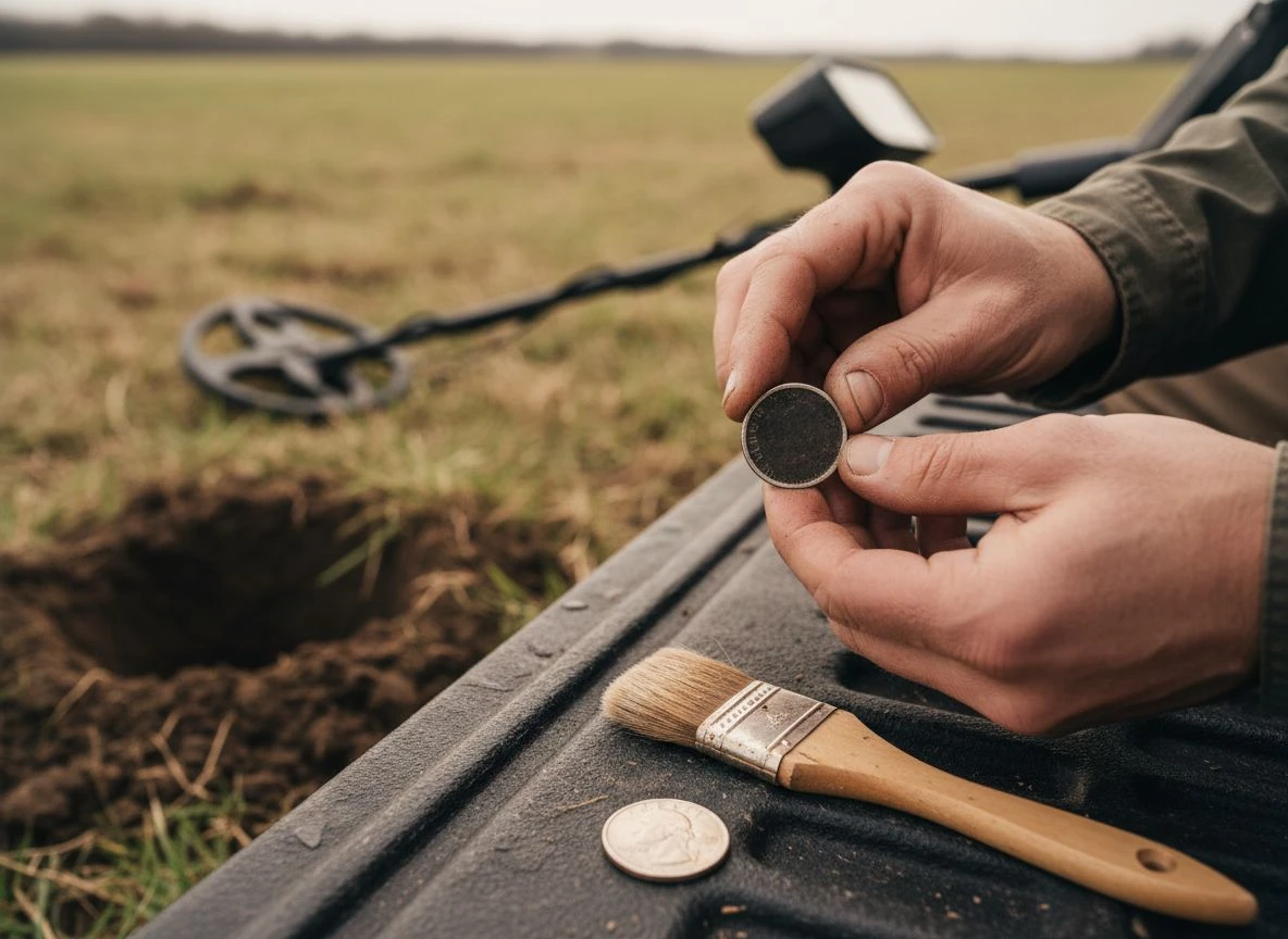 Detectorist's hands checking the solid silver edge of a dark coin and comparing it to a modern quarter in the field.