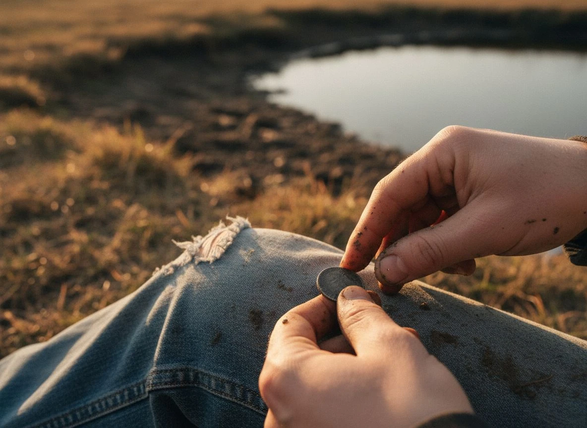 Close-up of a detectorist's hands examining a dark, worn silver coin next to a muddy riverbank.