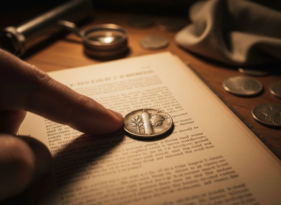 Extreme close-up of a Mercury dime reverse, with a finger pointing to the mint mark location near the fasces.