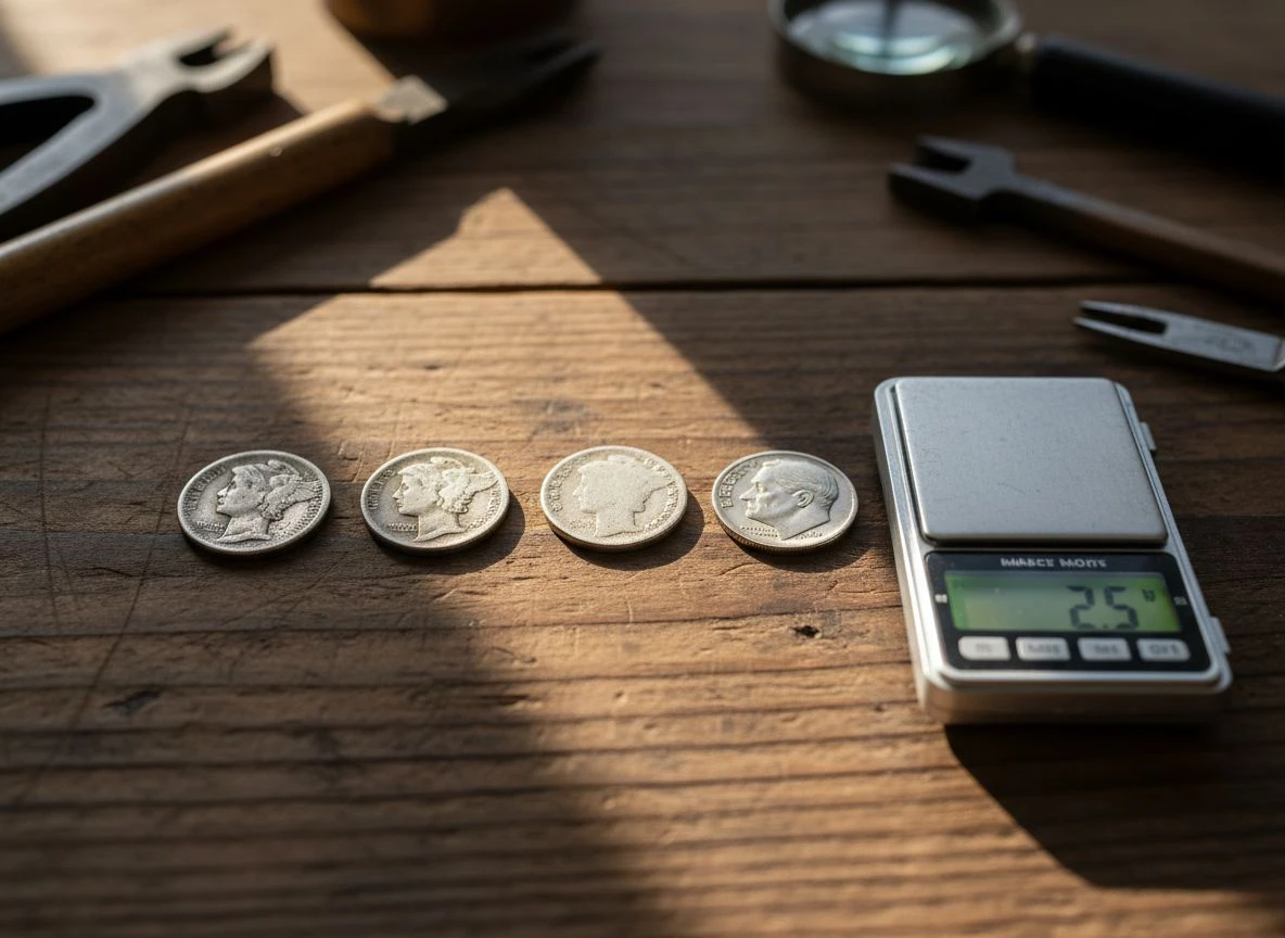 A lineup of worn silver dimes and a scale on a weathered wood table, illustrating how to identify slick coins.