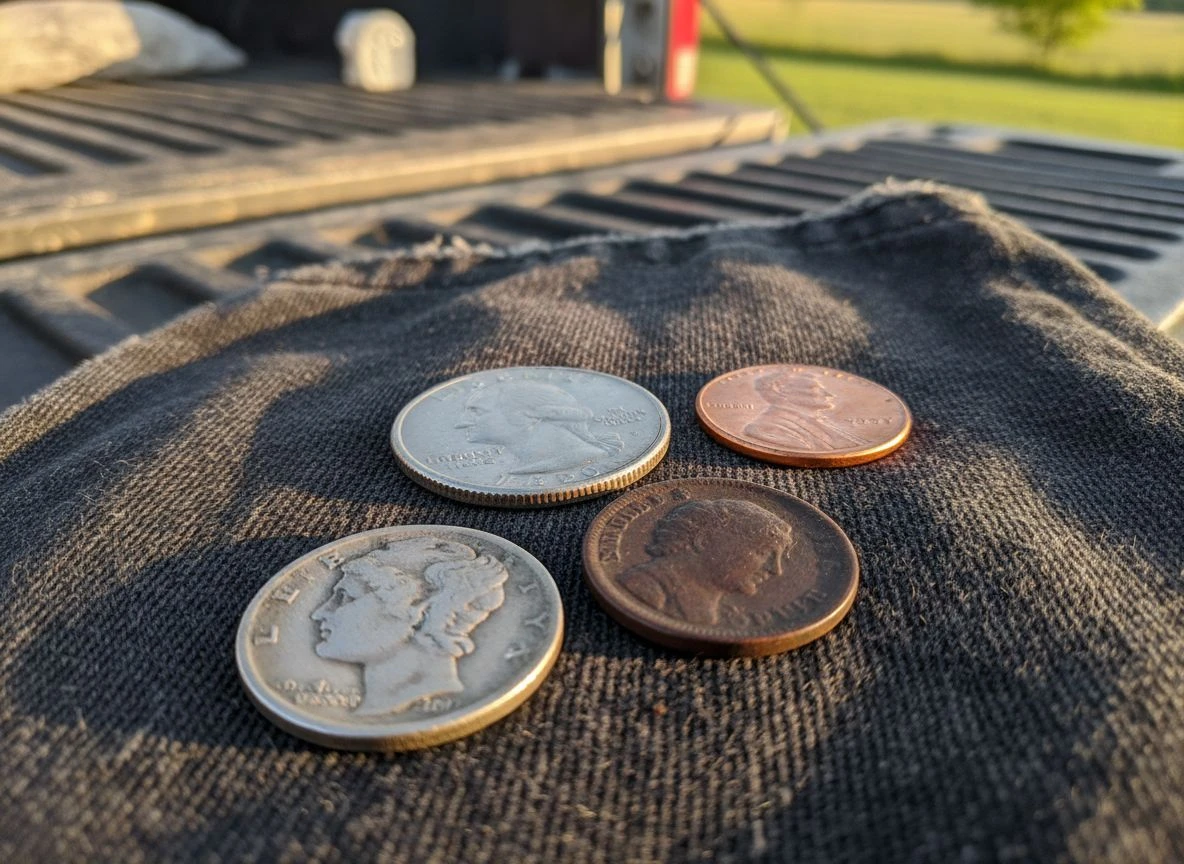 Comparison of old dug coins and modern coins for size, color, and edge type on a denim cloth.