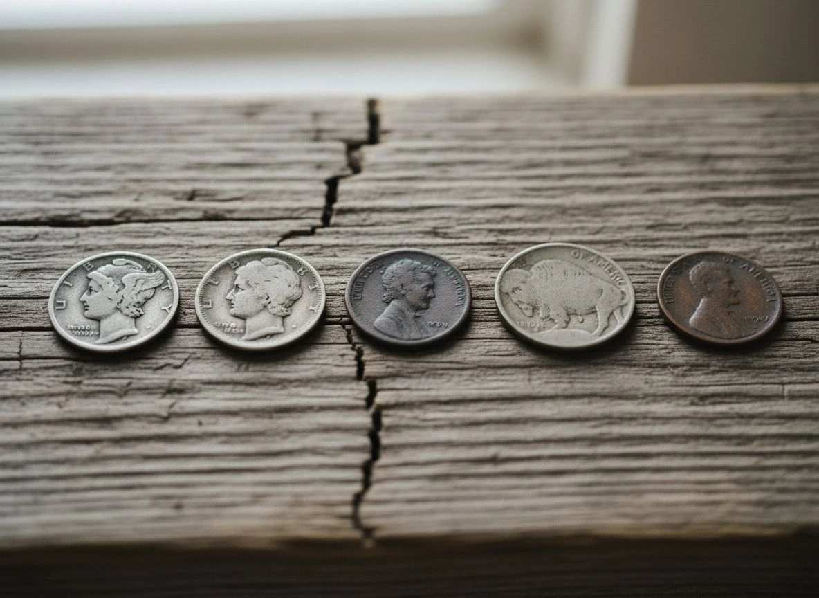 Overhead layout of five common old US coins found detecting: Mercury dime, Barber dime, Indian Head cent, Buffalo nickel, and Wheat cent.