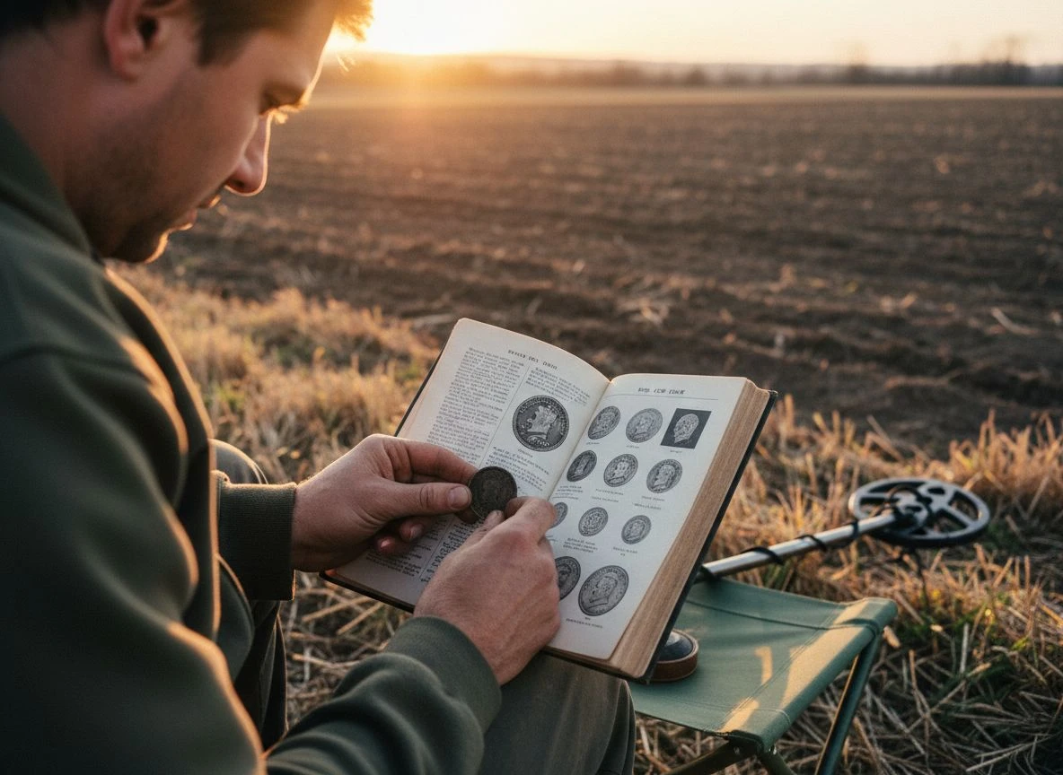 A detectorist in a field compares a dug coin to illustrations in a well-used physical coin guide book.