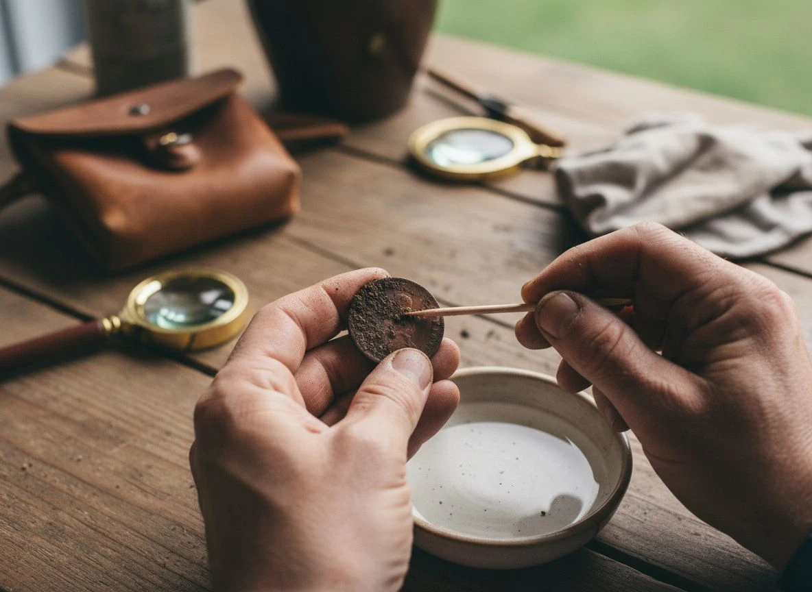 Close-up of a detectorist's hands using a wooden toothpick to gently clean dirt from an old, crusty coin over a dish of water.