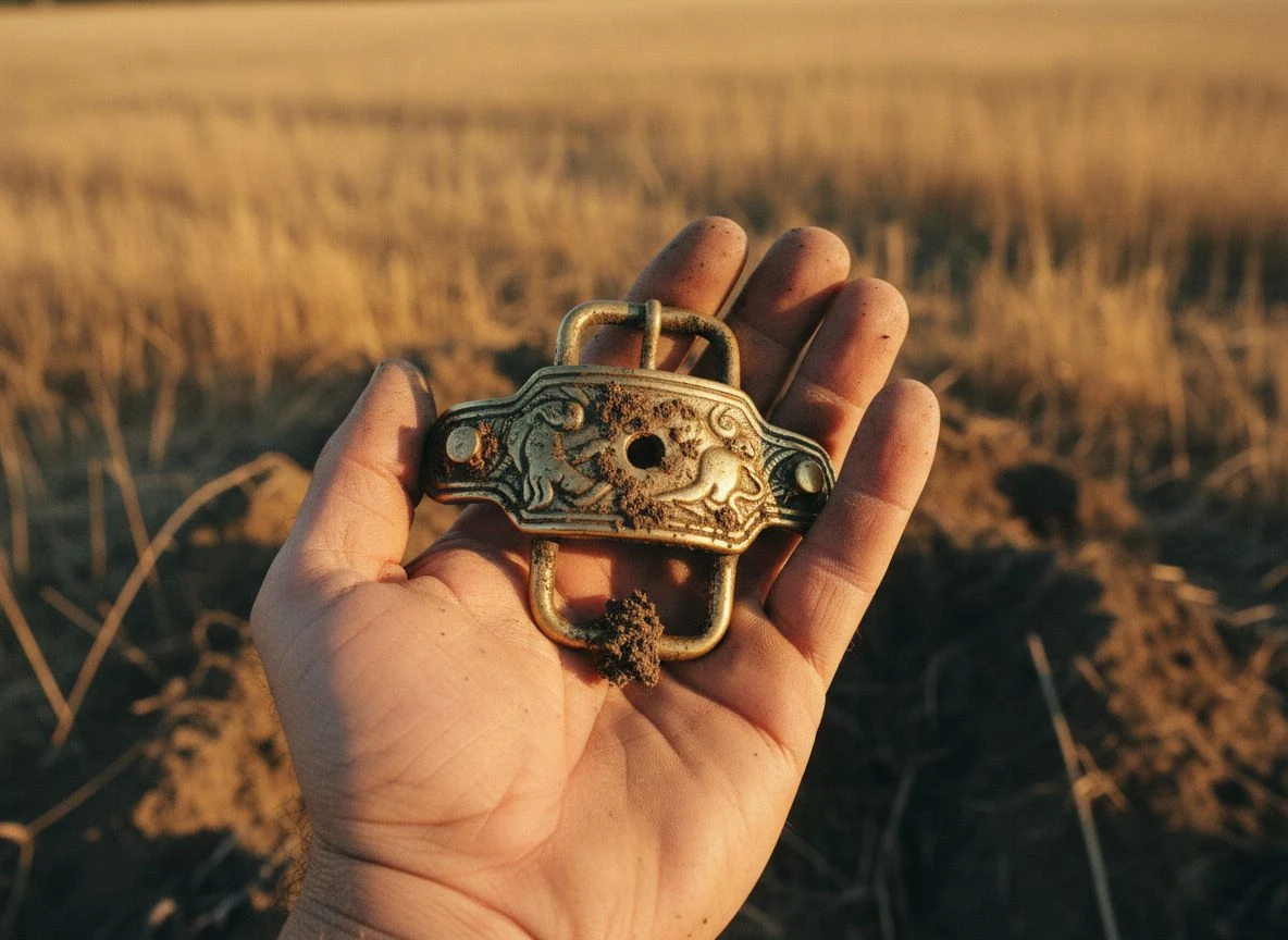 A cool find, but without a record, its story is gone. A tarnished brass harness buckle lying in a dirty hand in a sunlit field, representing a lost historical context.