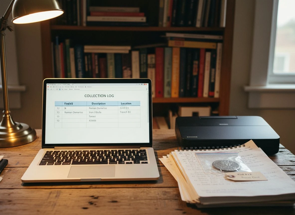 The final step secures the data for future generations. A laptop showing a finds spreadsheet, with bagged artifacts and scanned field notes on a wooden desk.