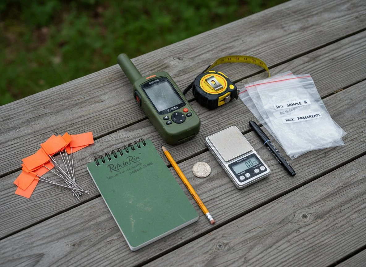 The tools that turn a signal into a historical data point. Essential metal detecting documentation tools laid out on weathered wood, including GPS, flags, notepad, and scale.