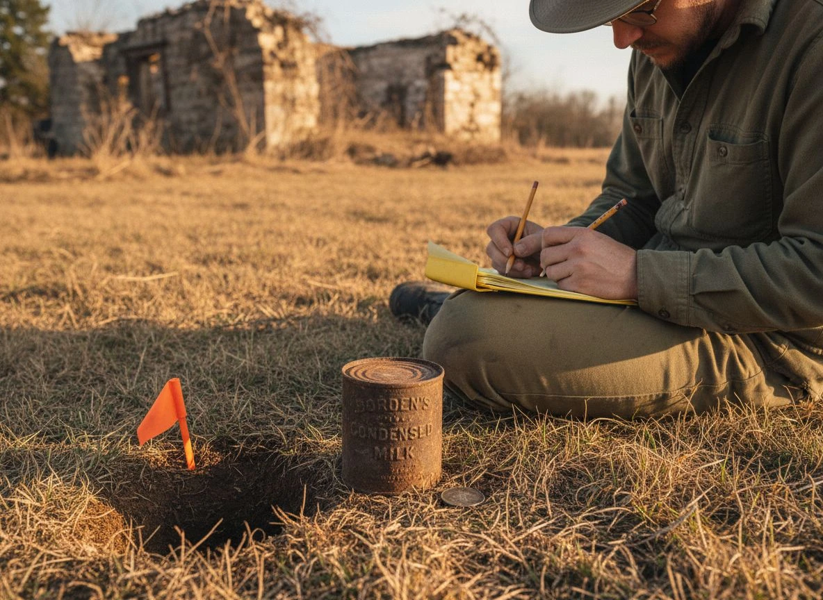 Real-time logging preserves the context the moment the find emerges. A metal detectorist kneeling in a field, logging a find in a notebook next to a flagged hole containing an old tin can.