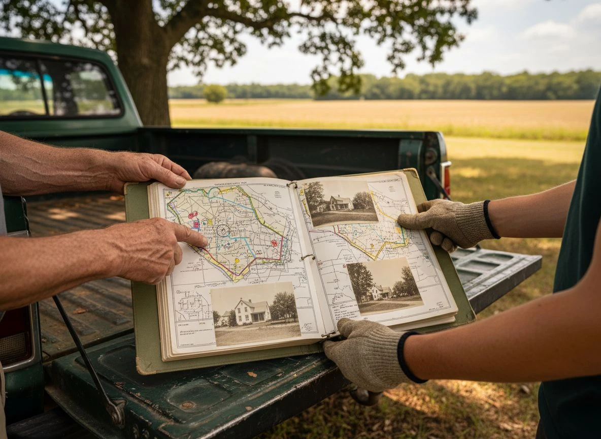 Turning permission into collaboration starts with shared history. Two people's hands reviewing old maps and photos on a binder on a truck tailgate, showing landowner partnership.