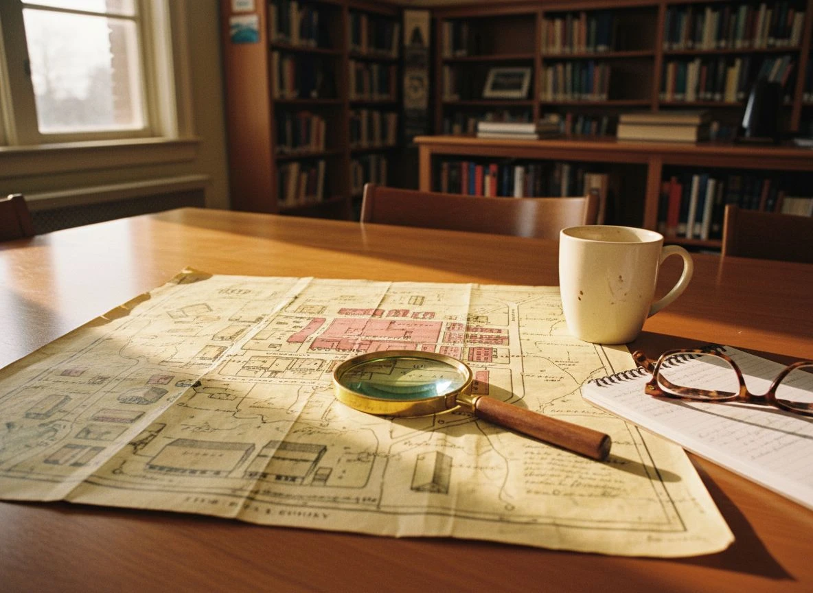 Antique map spread on a library table with magnifying glass, notepad, and coffee mug