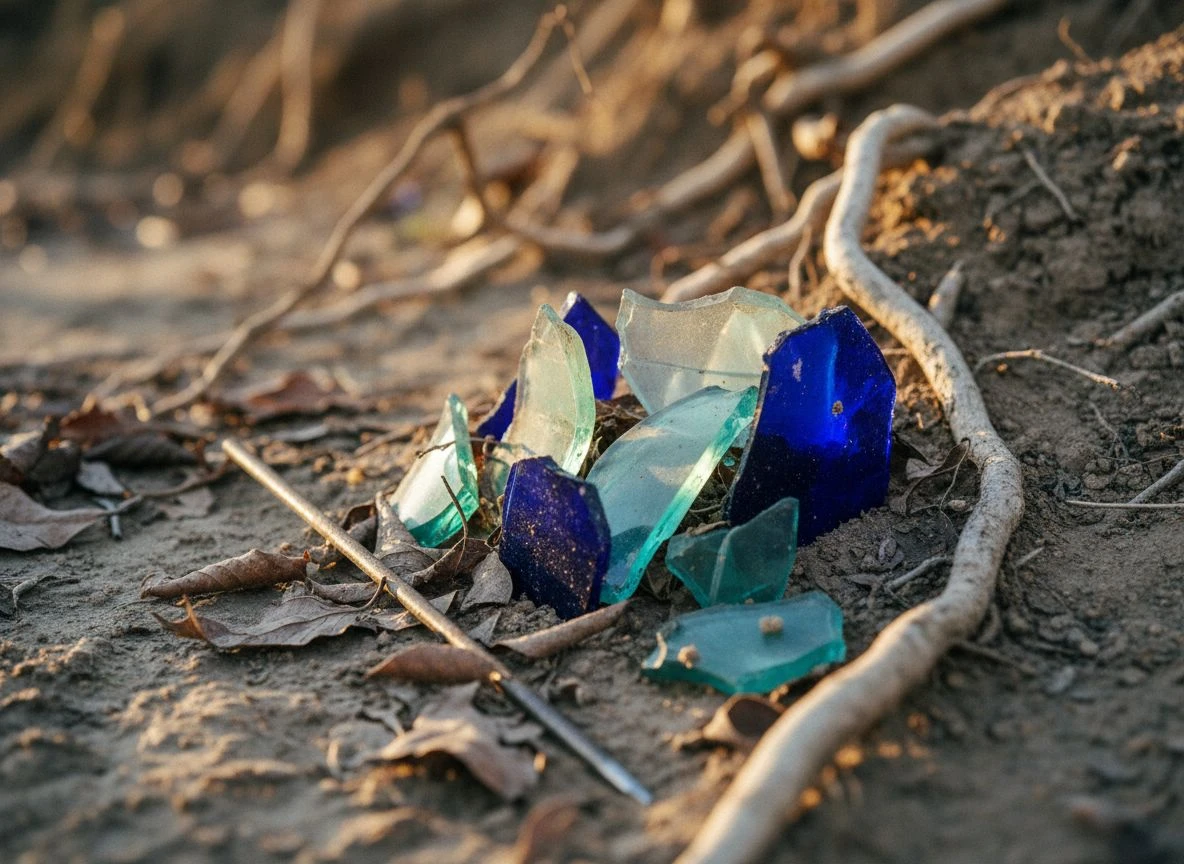 Broken glass shards in eroding riverbank with a steel probe rod