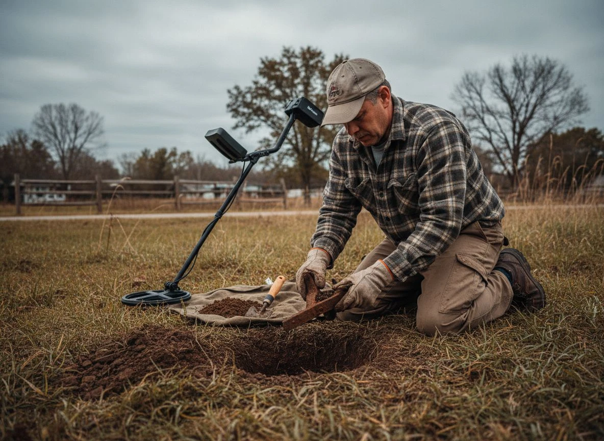 Detectorist kneeling over a hole in a field, pulling a rusted metal object from dark soil