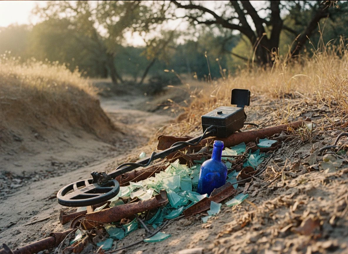 Metal detector leaning against a pile of broken glass and rusted metal in a ravine at golden hour