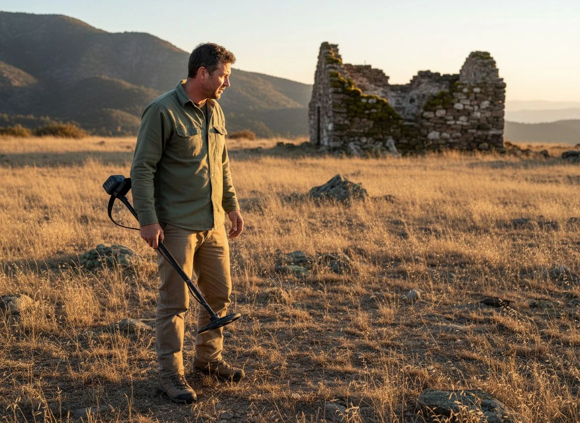 Detectorist standing in dry golden-hour field near crumbling stone wall, looking tired after a long prospecting day