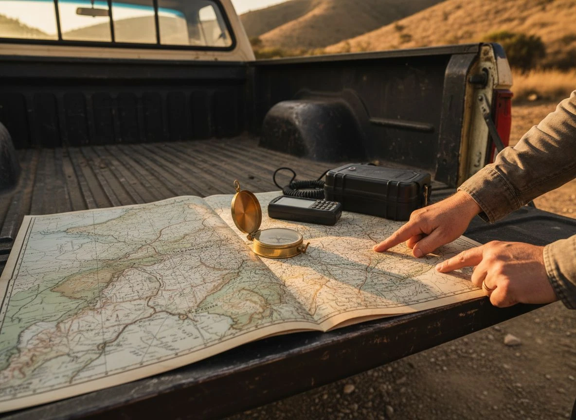 Open vintage geological map with compass and GPS on a truck tailgate, hands pointing to a gold vein location