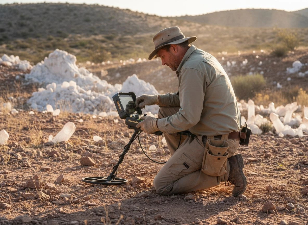 Kneeling detectorist manually adjusting ground balance on a gold detector in rocky terrain at golden hour