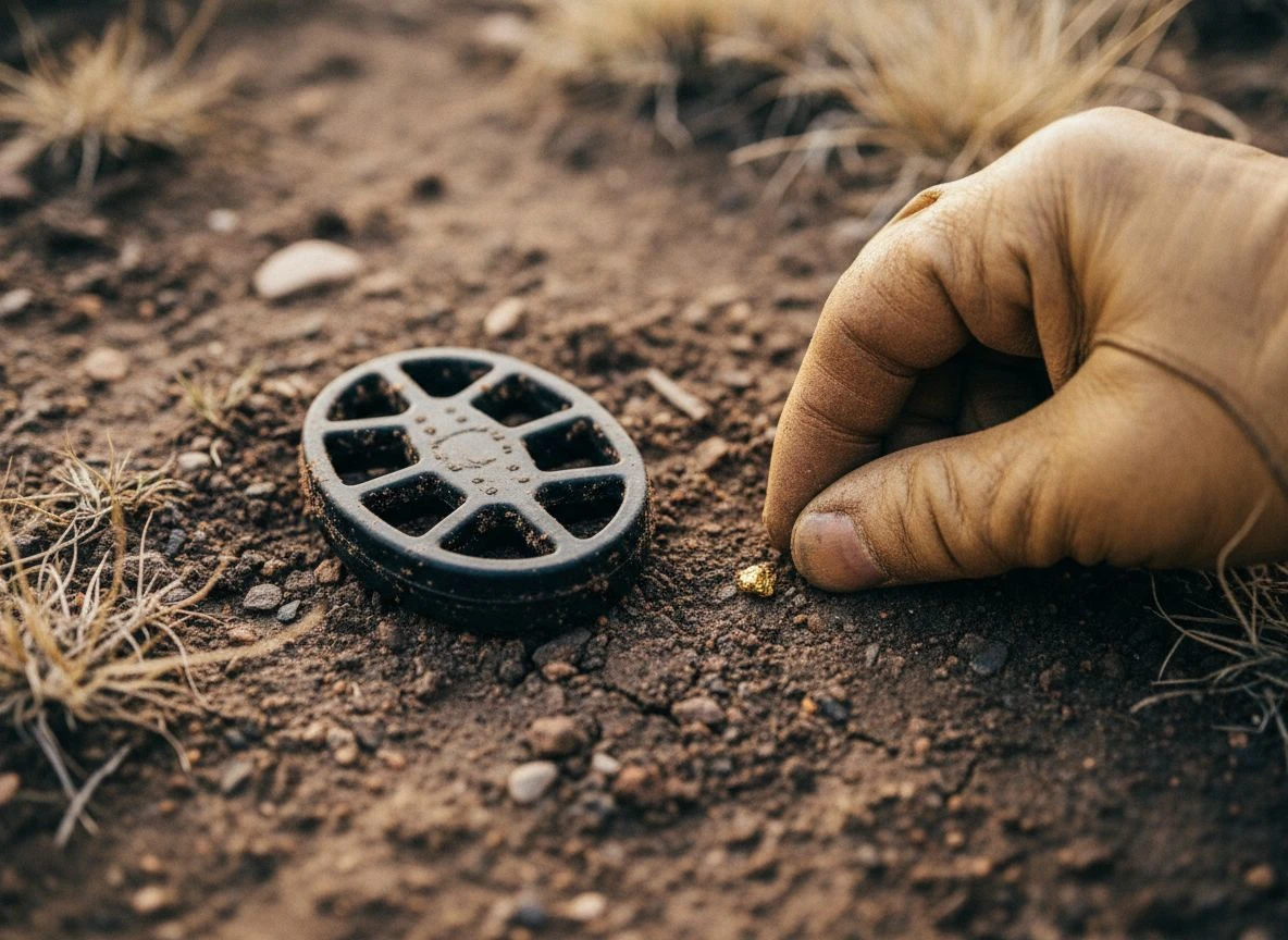 Close-up of a small DD metal detector coil on rocky soil next to a tiny gold nugget, gloved hand reaching